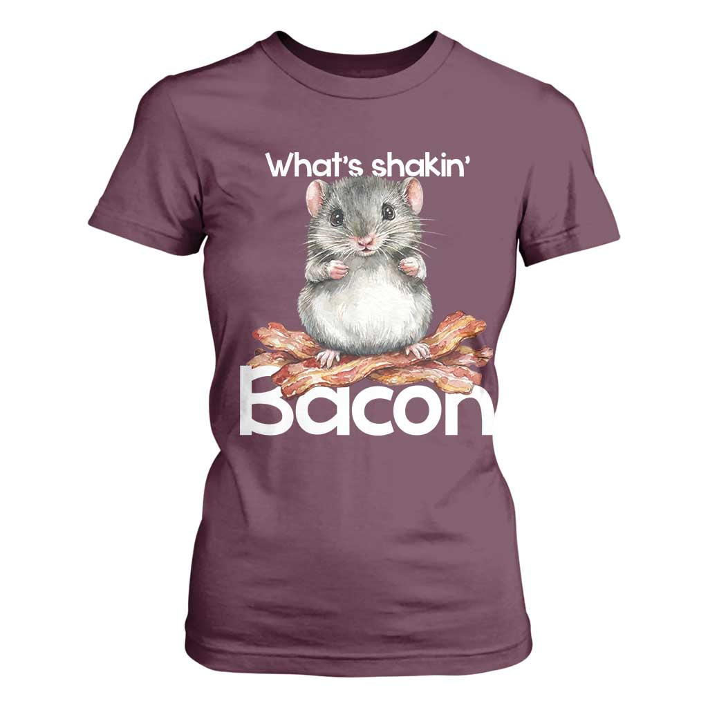 What is Shakin Bacon Funny Mouse T Shirt For Women Pun Animal Humor TS02 Maroon Print Your Wear
