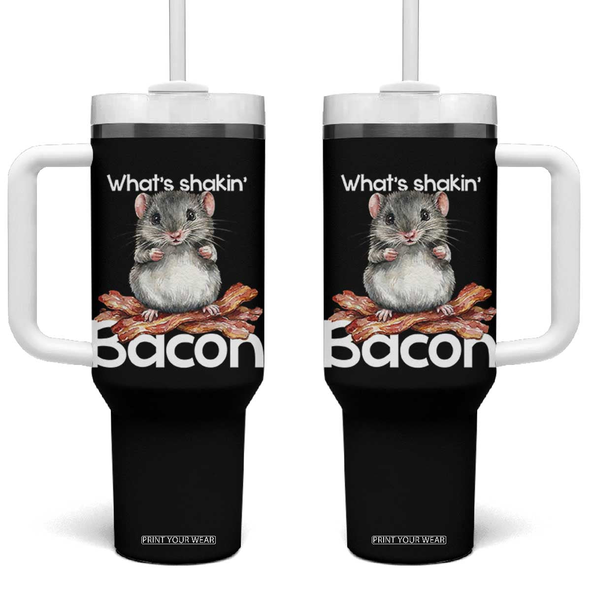 What is Shakin Bacon Funny Mouse Tumbler With Handle Pun Animal Humor TS02 One Size: 40 oz Black Print Your Wear