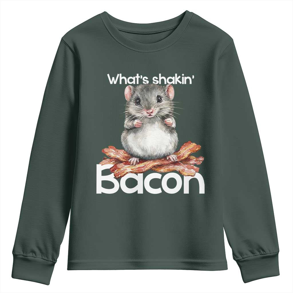 What is Shakin Bacon Funny Mouse Youth Sweatshirt Pun Animal Humor TS02 Dark Forest Green Print Your Wear