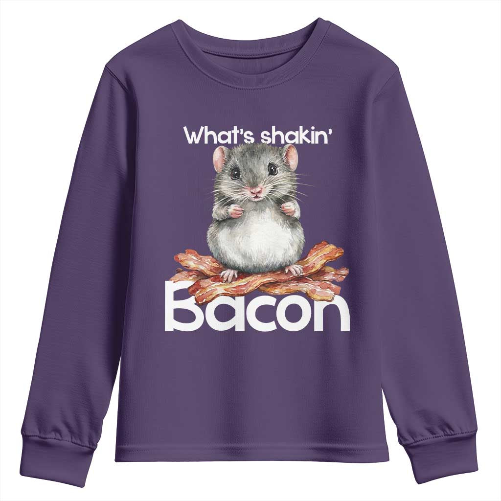 What is Shakin Bacon Funny Mouse Youth Sweatshirt Pun Animal Humor TS02 Purple Print Your Wear