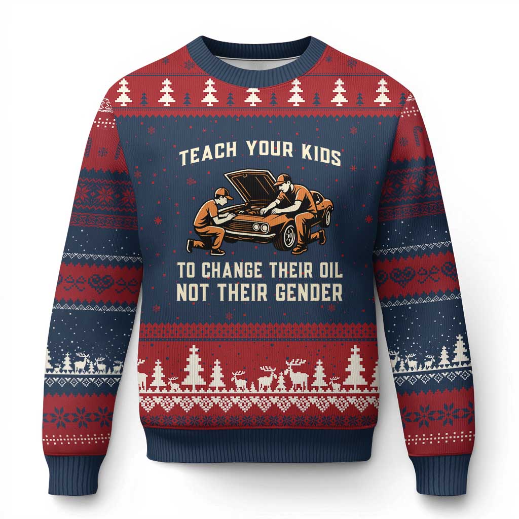 Teach Your Kids To Change Their Oil Ugly Christmas Sweater Not Their Gender Dad and Son Father's Day TS02 Navy Red Print Your Wear