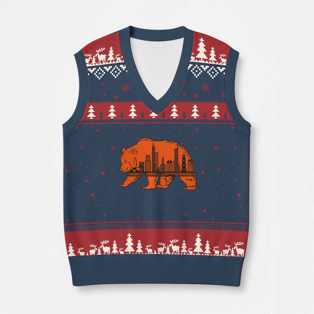 Chicago Skyline Bear V-Neck Knit Sweater Vest Windy City Pride True Lover Sports Fan TS02 Navy Red Print Your Wear