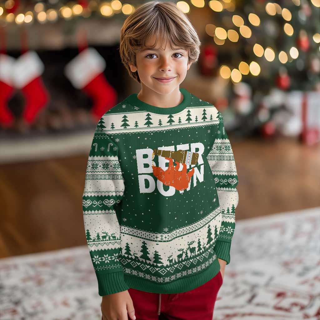 Funny Drinking Bear Beer Down Ugly Christmas Sweater Tailgate Gift for Football Fans TS02 Forest Green Beige Print Your Wear