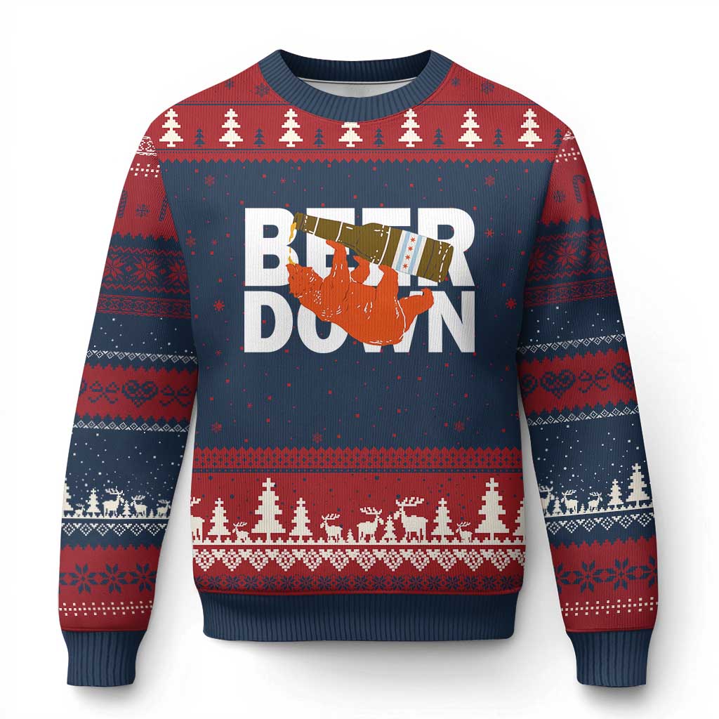 Funny Drinking Bear Beer Down Ugly Christmas Sweater Tailgate Gift for Football Fans TS02 Navy Red Print Your Wear