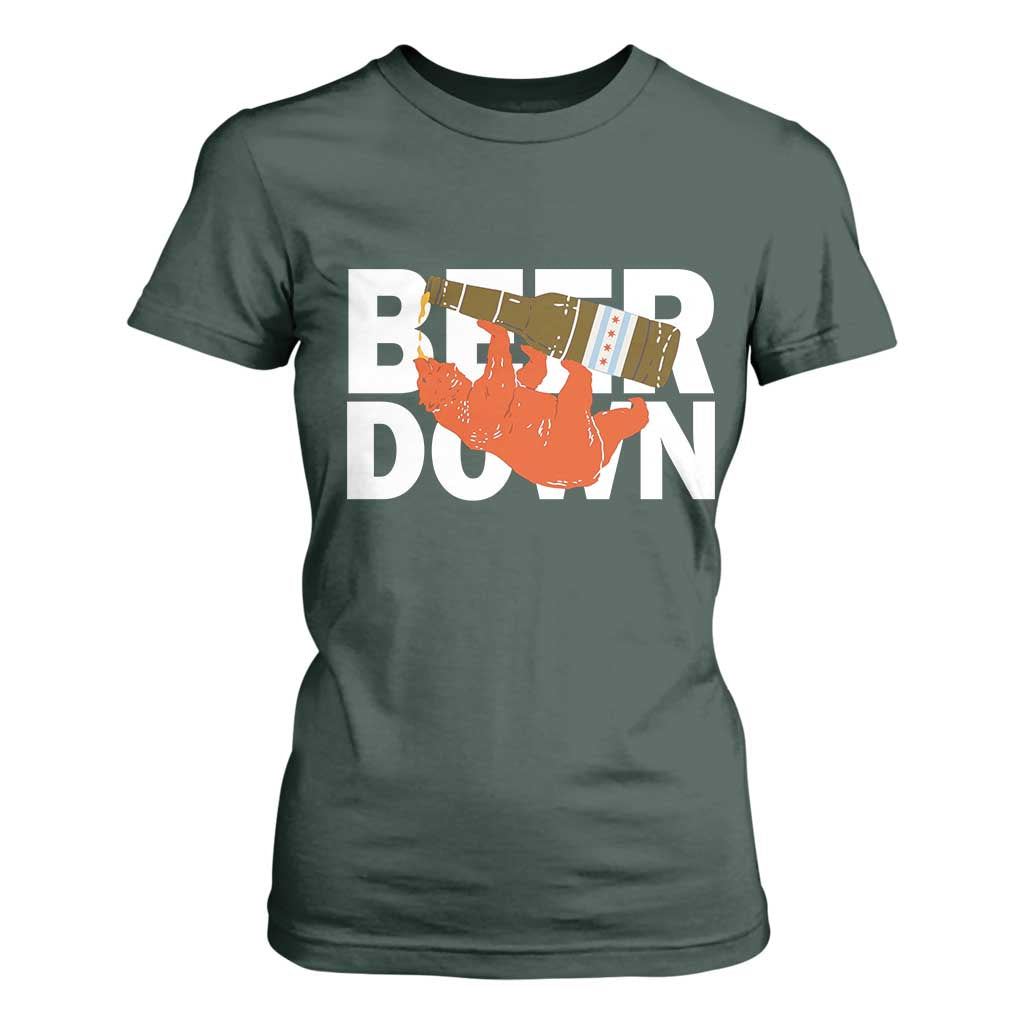 Funny Drinking Bear Beer Down T Shirt For Women Tailgate Gift for Football Fans TS02 Dark Forest Green Print Your Wear