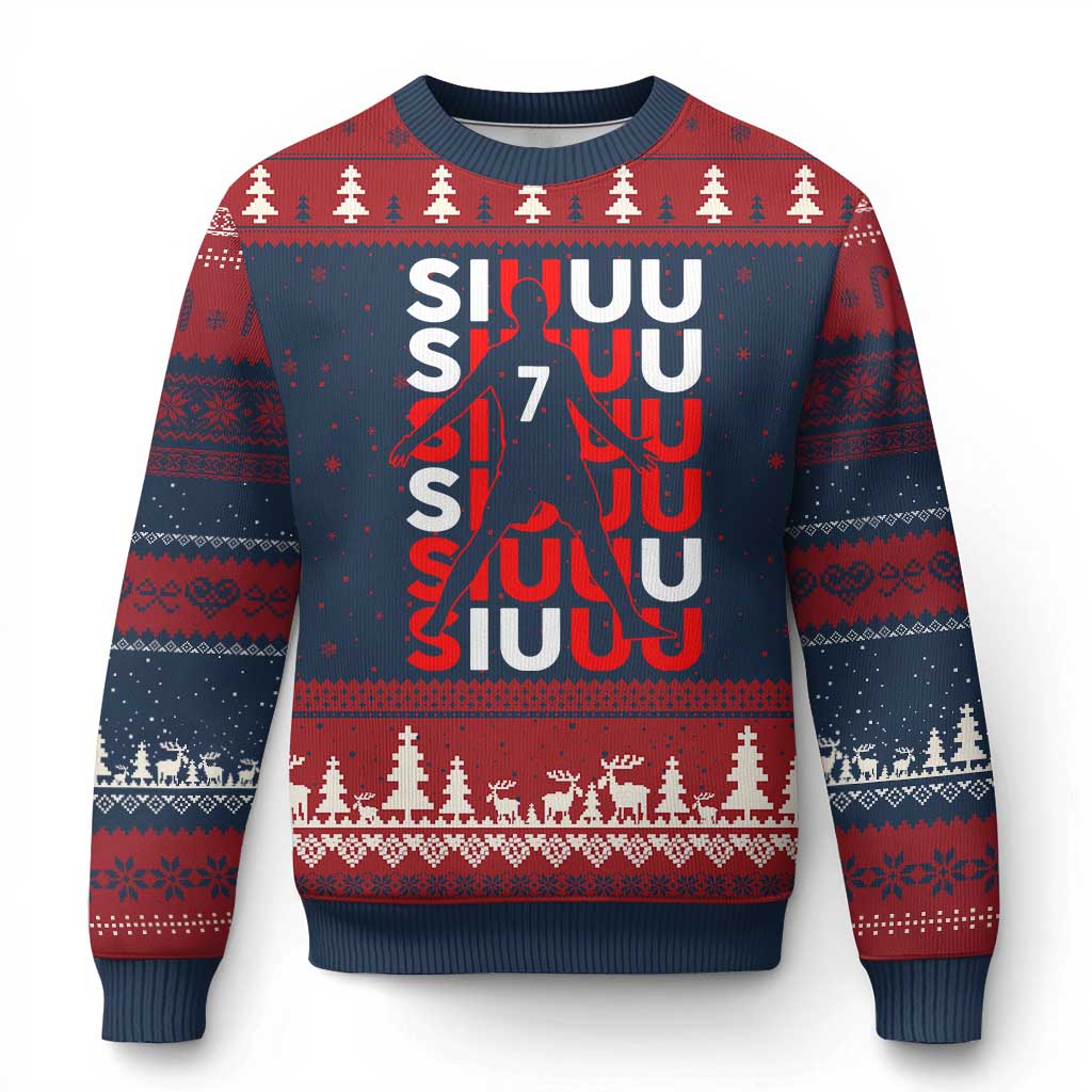 Siuuuu Celebration Number 7 Seven Soccer Fans Ugly Christmas Sweater TS02 Navy Red Print Your Wear