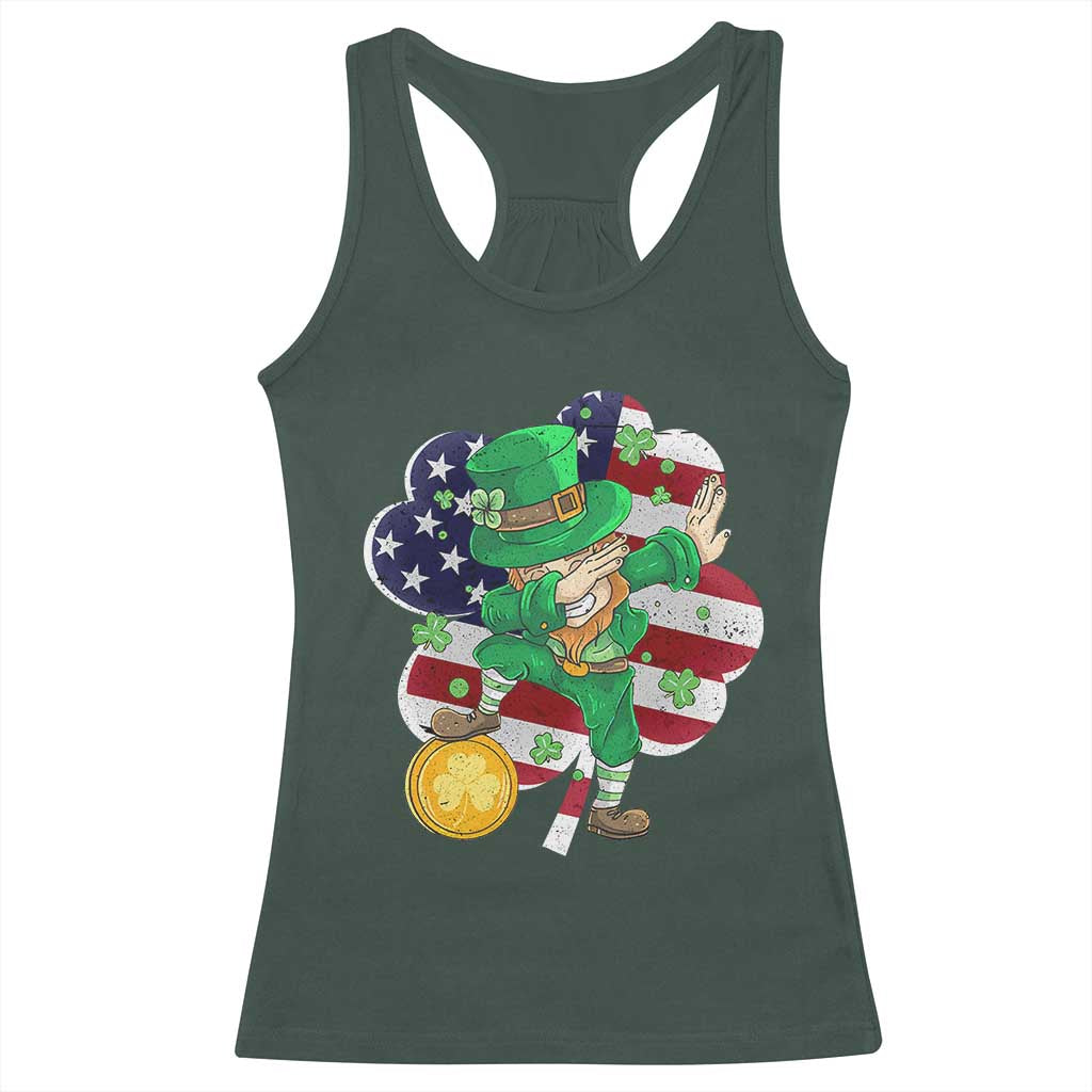 Cute St Patricks Day Racerback Tank Top Dabbing Leperchaun American Flag Shamrock TS02 Dark Forest Green Print Your Wear