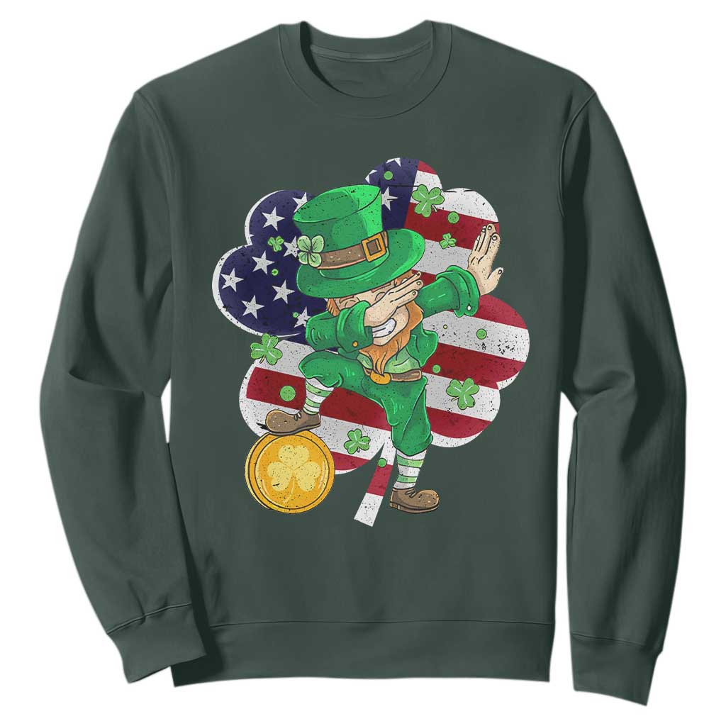 Cute St. Patricks Day Sweatshirt Dabbing Leperchaun American Flag Shamrock TS02 Dark Forest Green Printyourwear