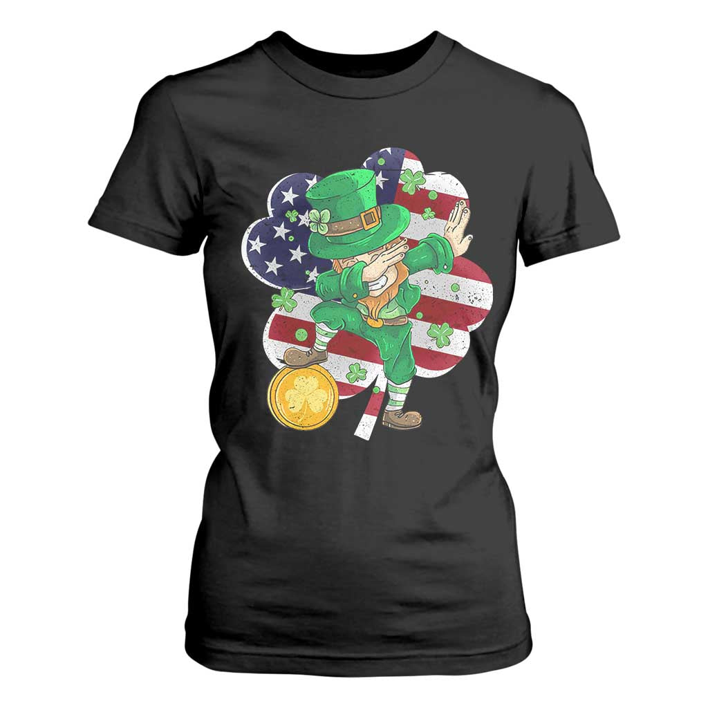 Cute St Patricks Day T Shirt For Women Dabbing Leperchaun American Flag Shamrock TS02 Black Print Your Wear