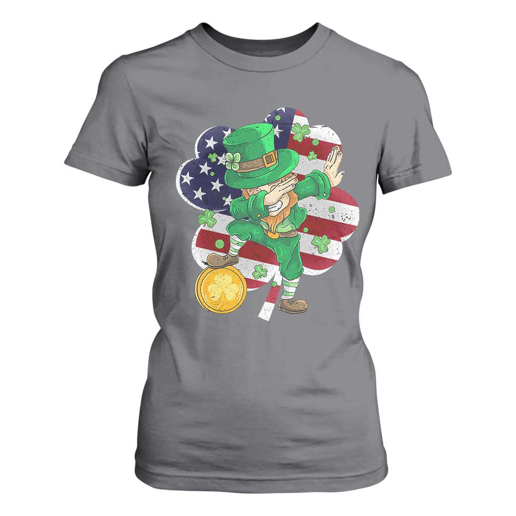 Cute St Patricks Day T Shirt For Women Dabbing Leperchaun American Flag Shamrock TS02 Charcoal Print Your Wear