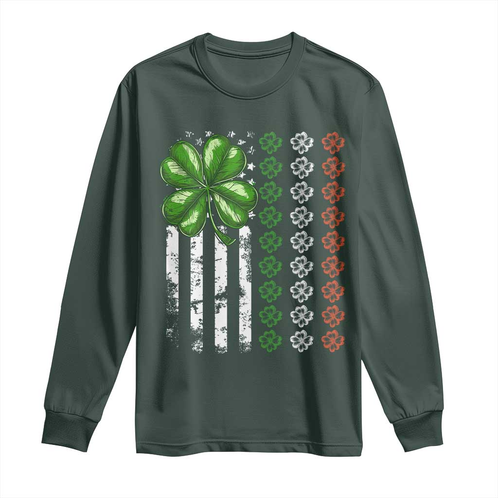 Funny St Patricks Day Long Sleeve Shirt Shamrock American Flag TS02 Dark Forest Green Print Your Wear