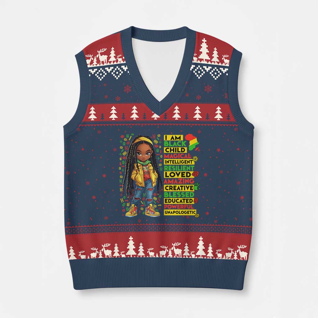 I Am Black Child V-Neck Knit Sweater Vest Locd Girl African American Pride Black History Month TS02 Navy Red Print Your Wear