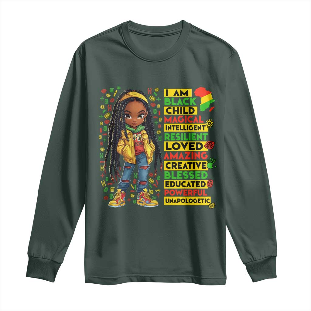 I Am Black Child Long Sleeve Shirt Locd Girl African American Pride Black History Month TS02 Dark Forest Green Print Your Wear