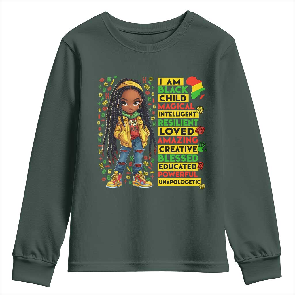 I Am Black Child Youth Sweatshirt Locd Girl African American Pride Black History Month TS02 Dark Forest Green Print Your Wear