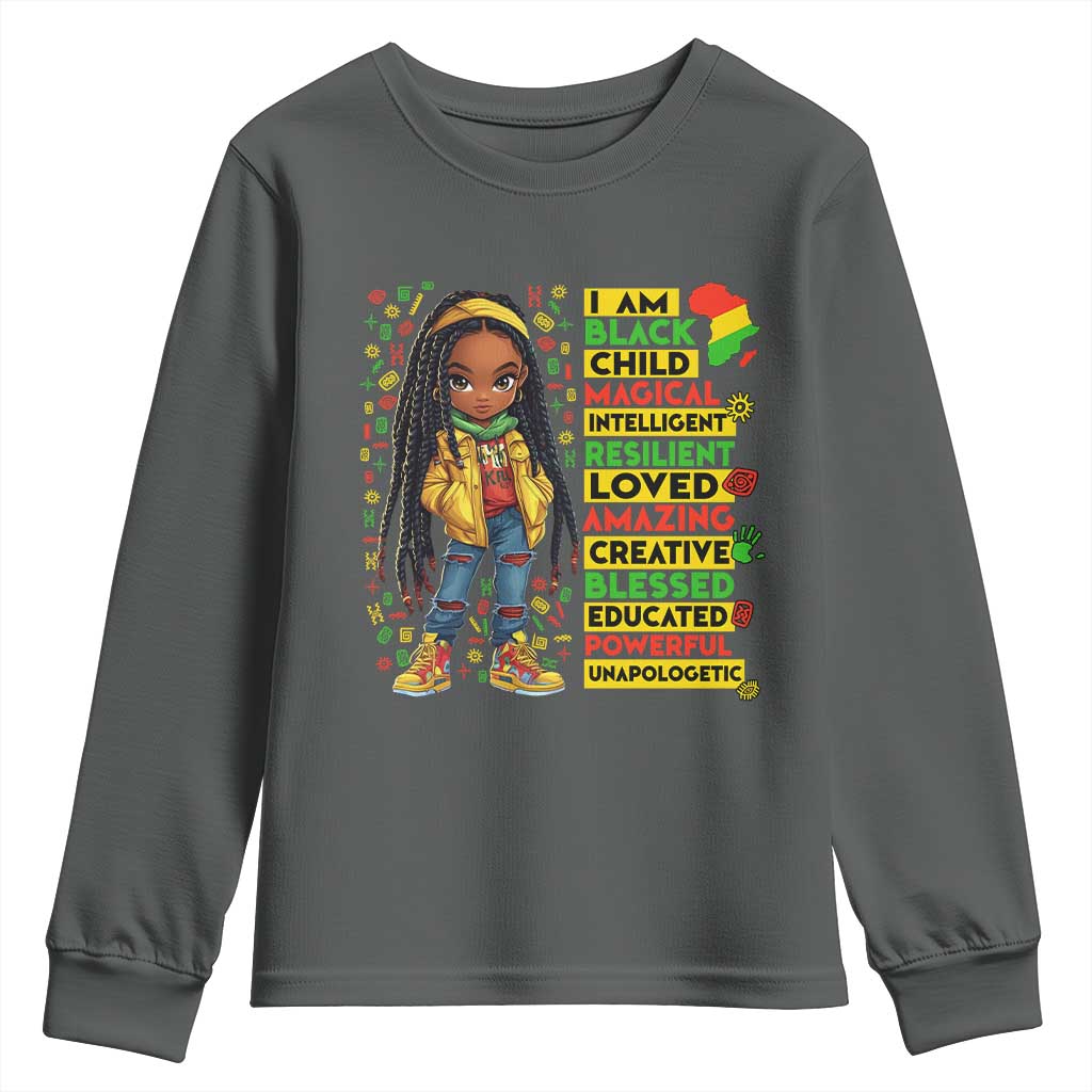 I Am Black Child Youth Sweatshirt Locd Girl African American Pride Black History Month TS02 Dark Heather Print Your Wear