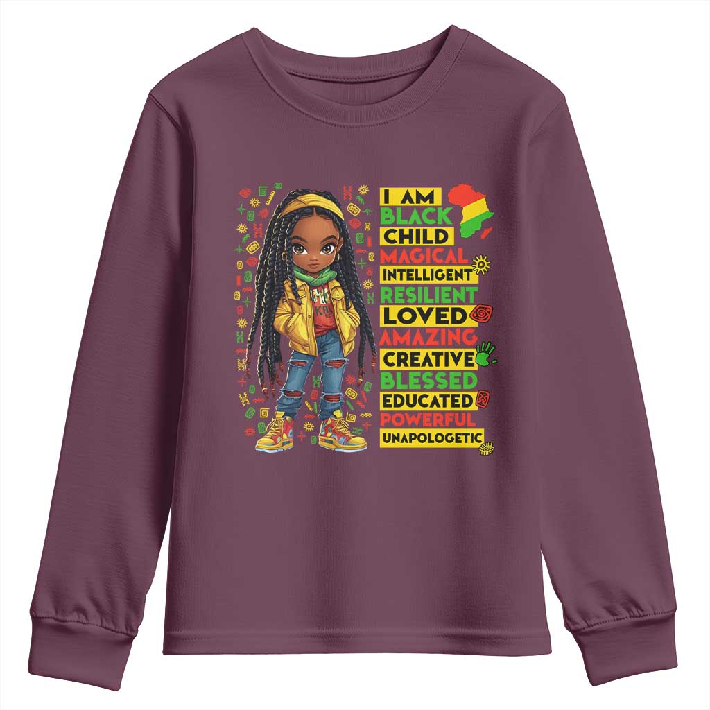 I Am Black Child Youth Sweatshirt Locd Girl African American Pride Black History Month TS02 Maroon Print Your Wear