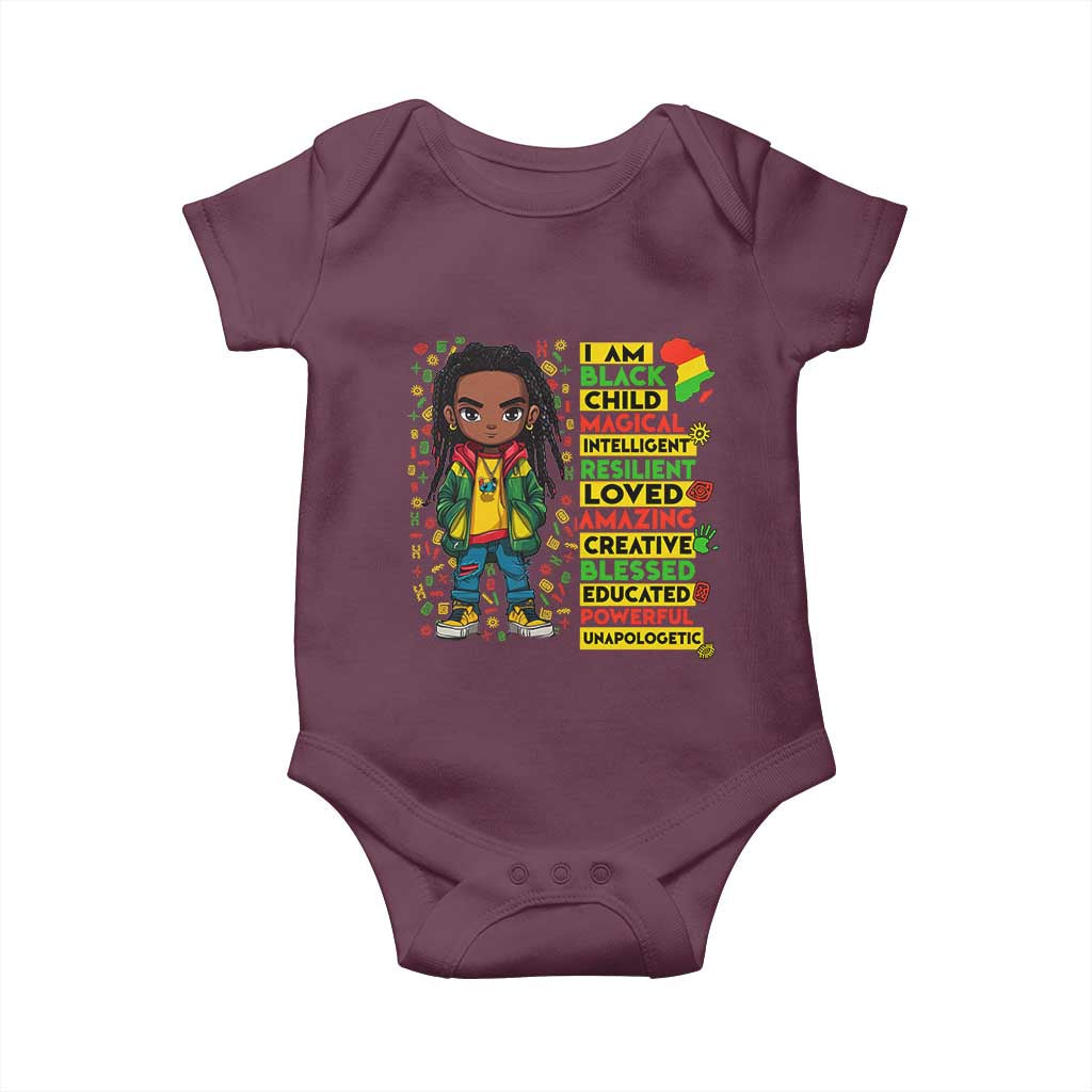 I Am Black Child Baby Onesie Locd Boy African American Pride Black History Month TS02 Maroon Print Your Wear