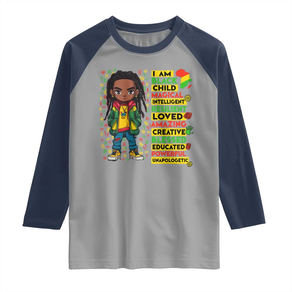 I Am Black Child Raglan Shirt Locd Boy African American Pride Black History Month TS02 Sport Gray Navy Print Your Wear