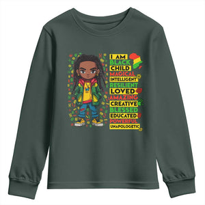 I Am Black Child Youth Sweatshirt Locd Boy African American Pride Black History Month TS02 Dark Forest Green Print Your Wear