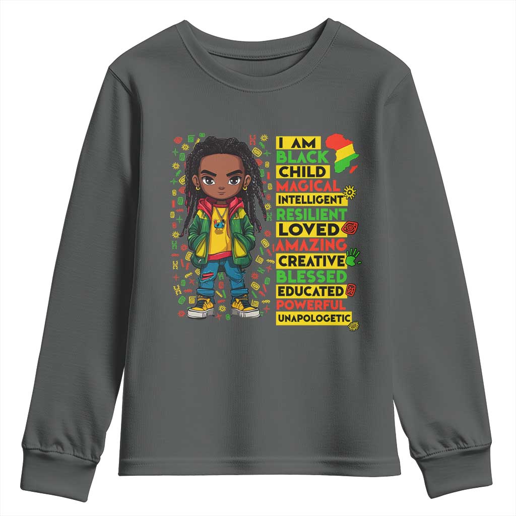 I Am Black Child Youth Sweatshirt Locd Boy African American Pride Black History Month TS02 Dark Heather Print Your Wear