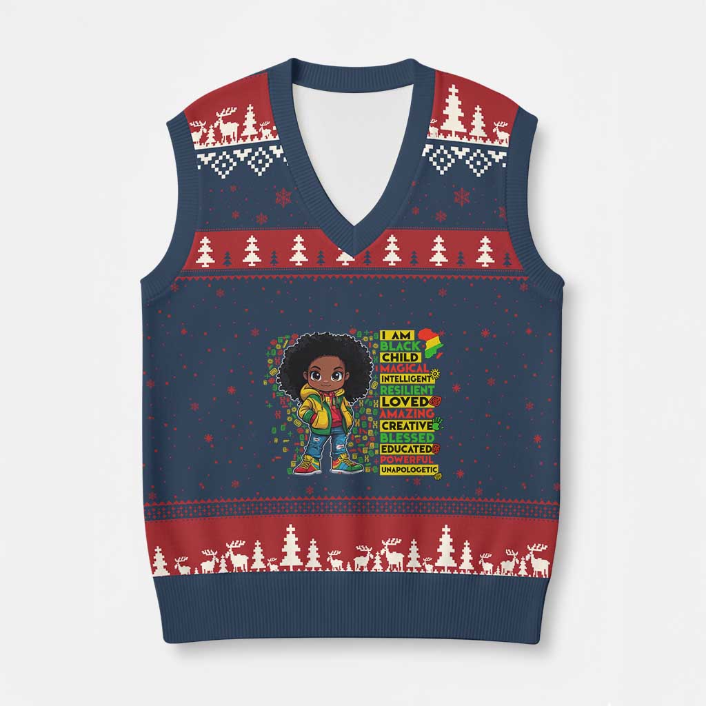 I Am Black Child V-Neck Knit Sweater Vest Afro Girl African American Pride Black History Month TS02 Navy Red Print Your Wear