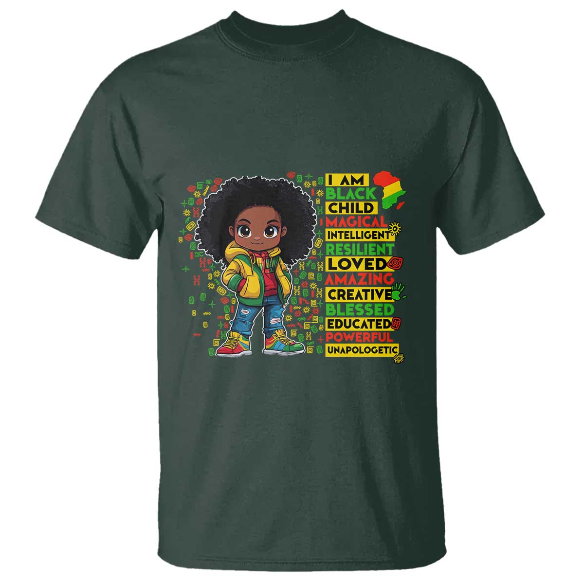 I Am Black Child T Shirt Afro Girl African American Pride Black History Month TS02 Dark Forest Green Print Your Wear