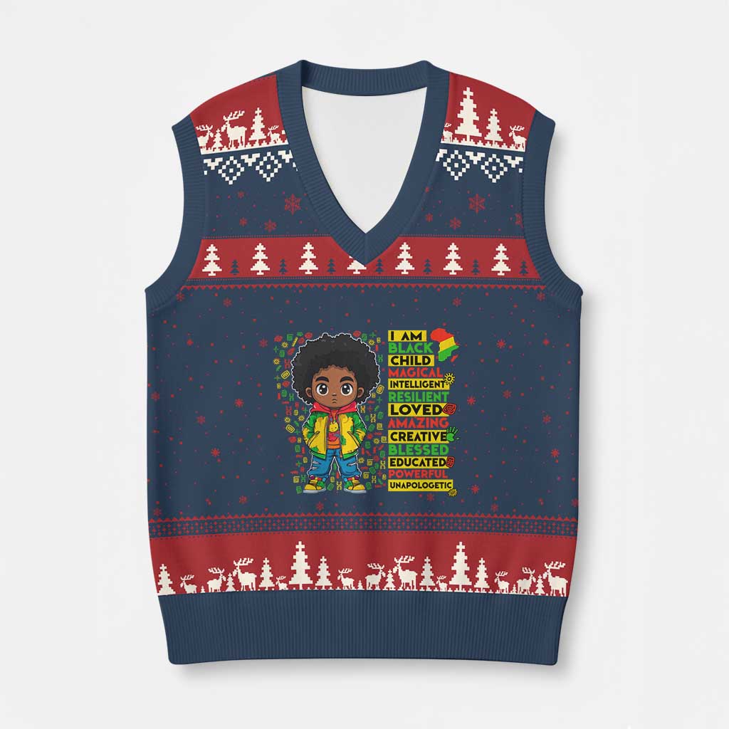 I Am Black Child V-Neck Knit Sweater Vest Afro Boy African American Pride Black History Month TS02 Navy Red Print Your Wear