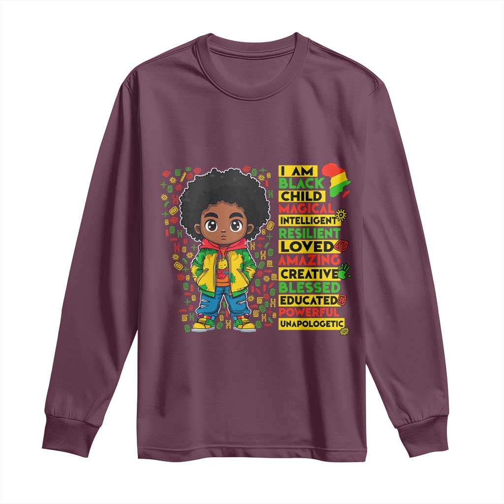 I Am Black Child Long Sleeve Shirt Afro Boy African American Pride Black History Month TS02 Maroon Print Your Wear