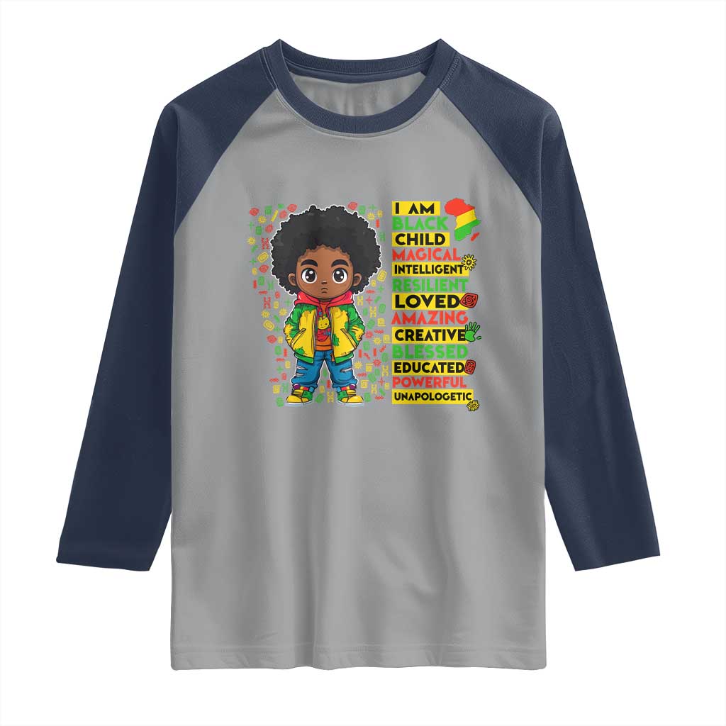 I Am Black Child Raglan Shirt Afro Boy African American Pride Black History Month TS02 Sport Gray Navy Print Your Wear