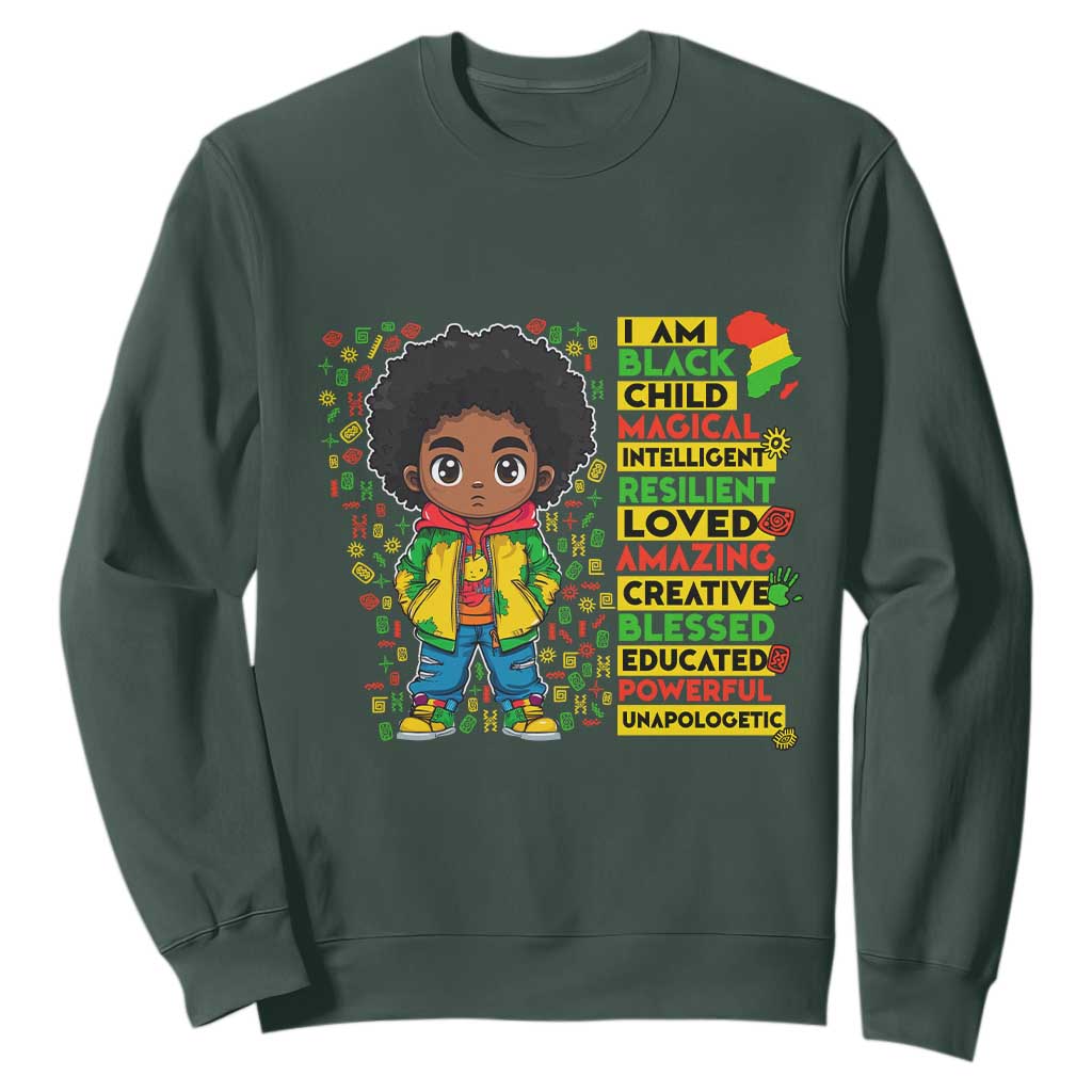 I Am Black Child Sweatshirt Afro Boy African American Pride Black History Month TS02 Dark Forest Green Print Your Wear