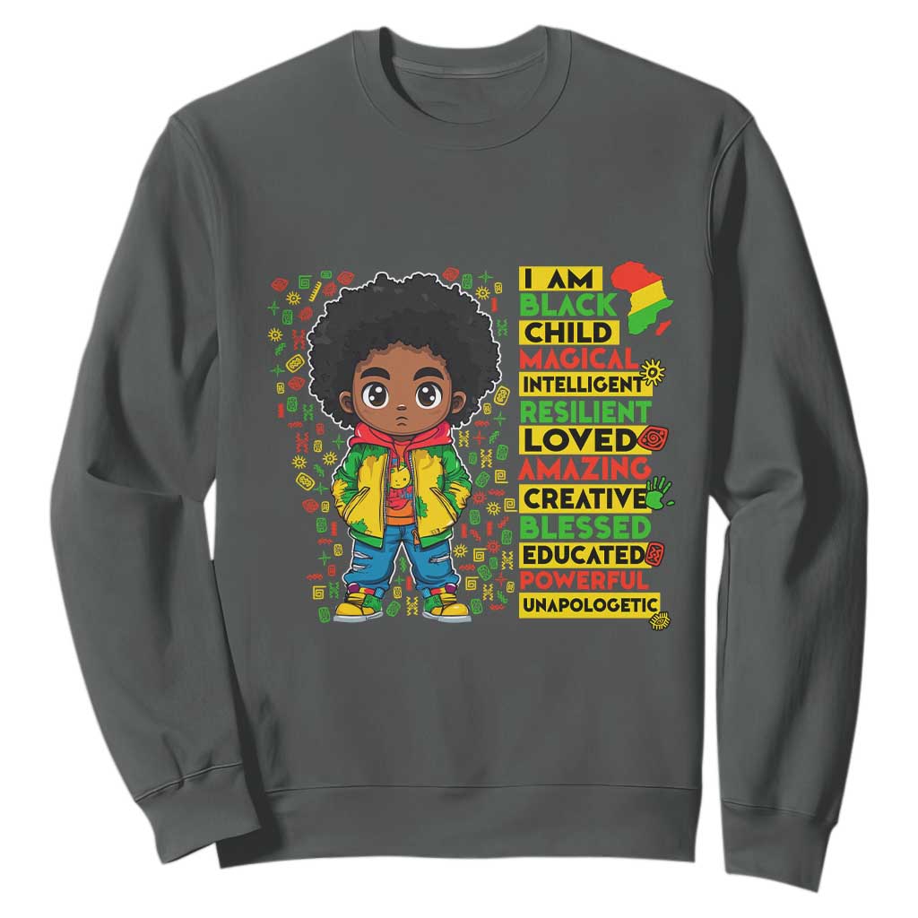 I Am Black Child Sweatshirt Afro Boy African American Pride Black History Month TS02 Dark Heather Print Your Wear