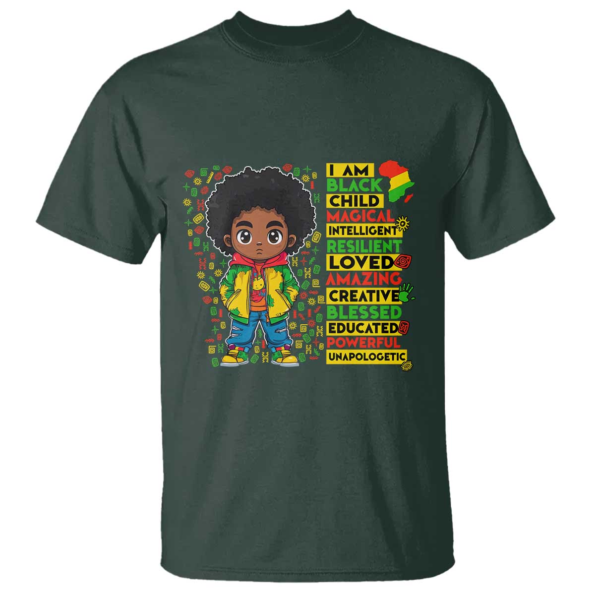 I Am Black Child T Shirt Afro Boy African American Pride Black History Month TS02 Dark Forest Green Print Your Wear