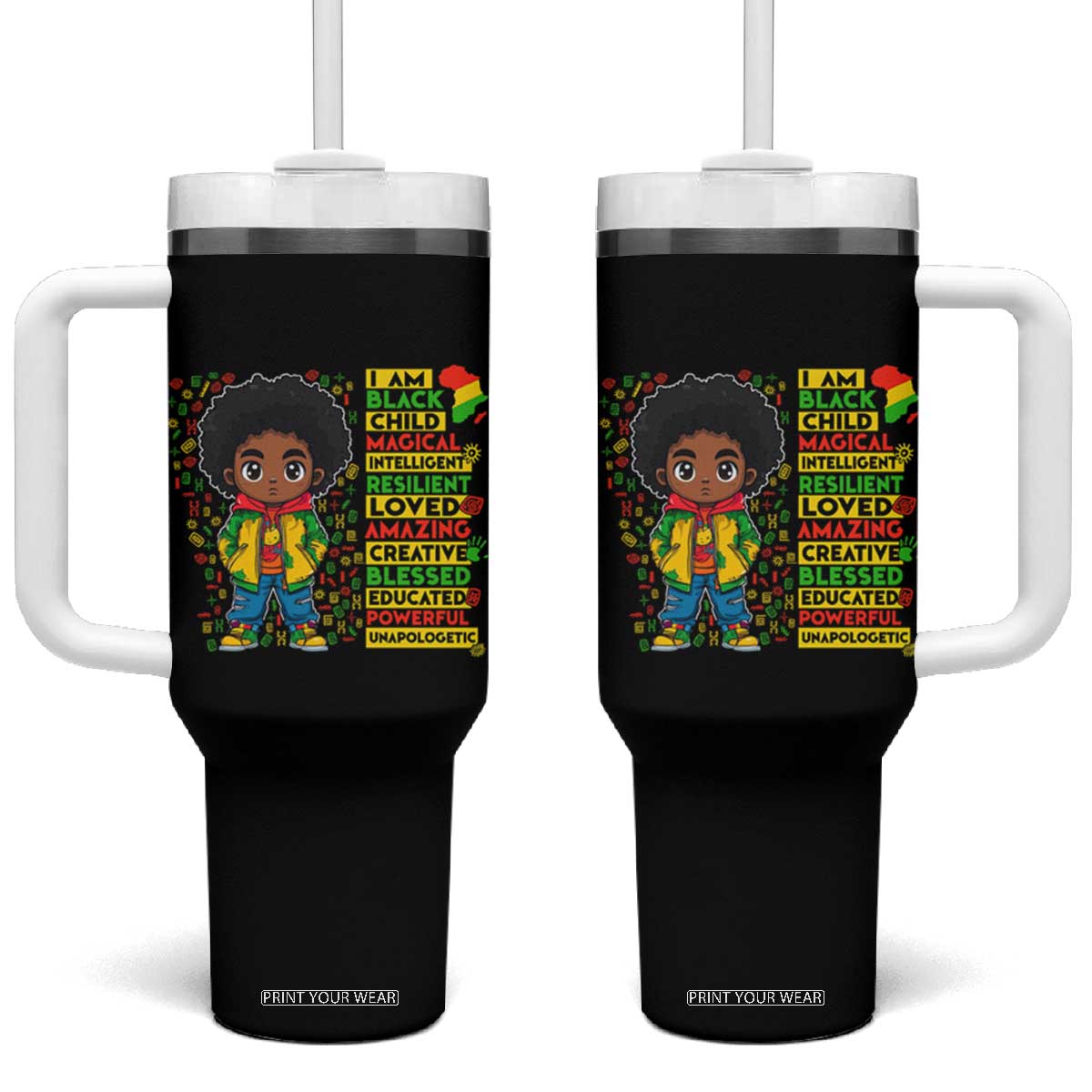 I Am Black Child Tumbler With Handle Afro Boy African American Pride Black History Month TS02 One Size: 40 oz Black Print Your Wear