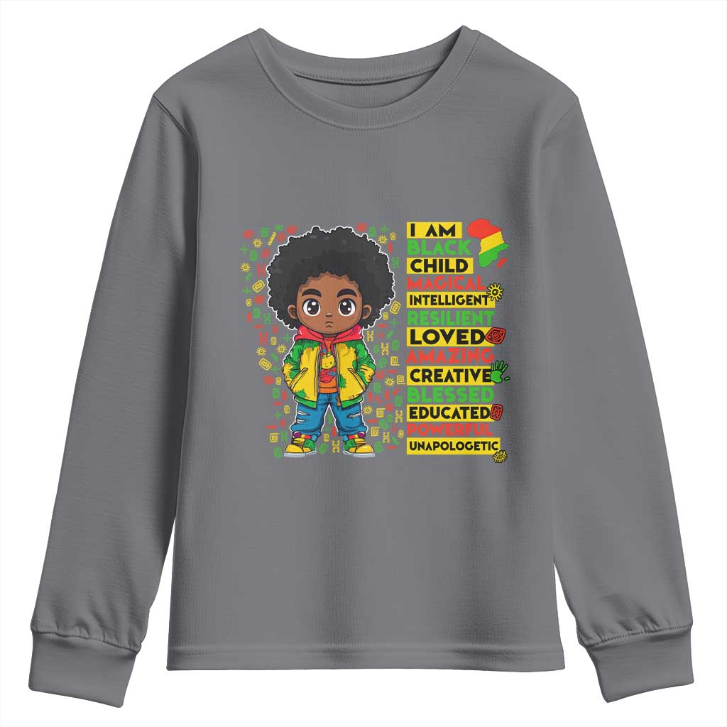 I Am Black Child Youth Sweatshirt Afro Boy African American Pride Black History Month TS02 Charcoal Print Your Wear
