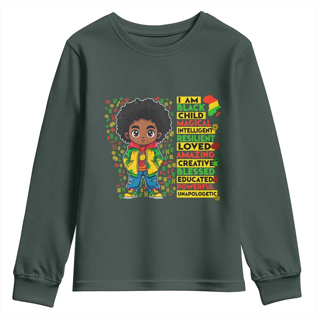 I Am Black Child Youth Sweatshirt Afro Boy African American Pride Black History Month TS02 Dark Forest Green Print Your Wear