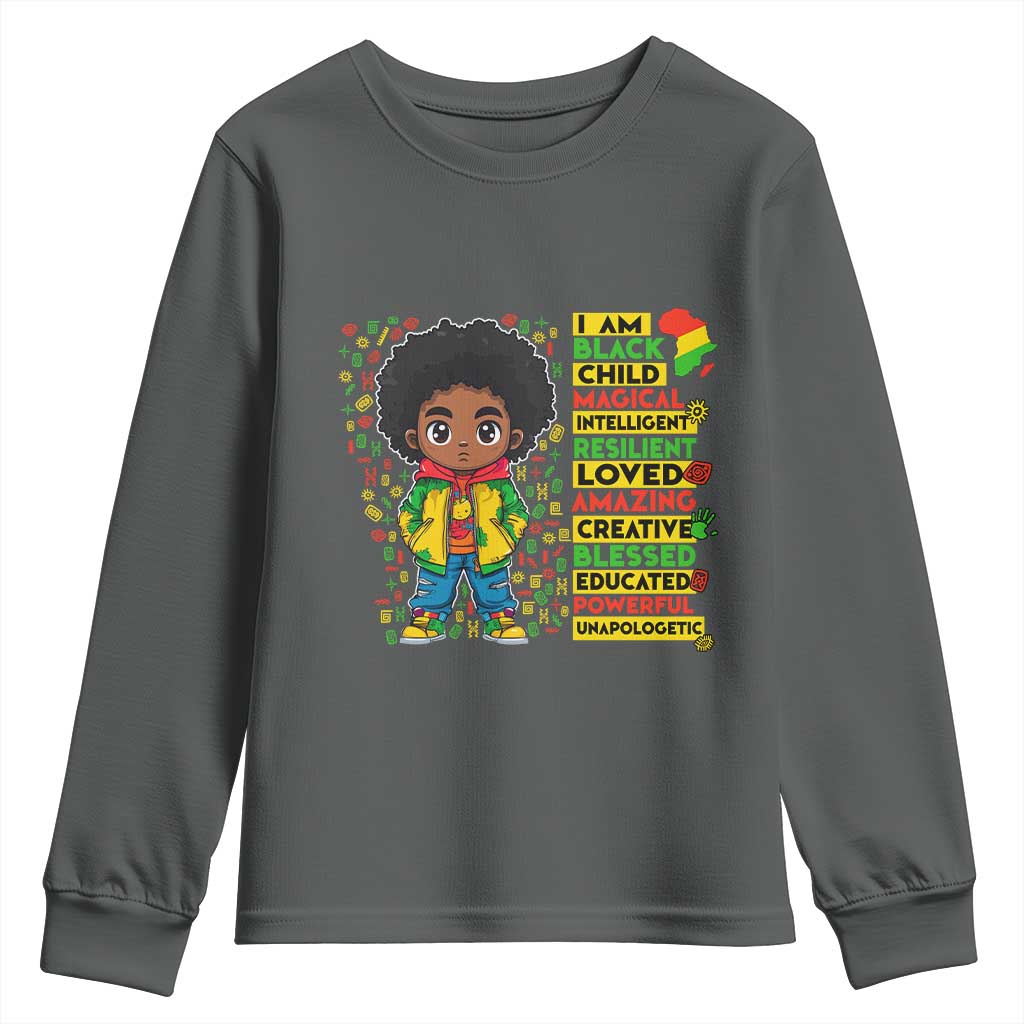 I Am Black Child Youth Sweatshirt Afro Boy African American Pride Black History Month TS02 Dark Heather Print Your Wear