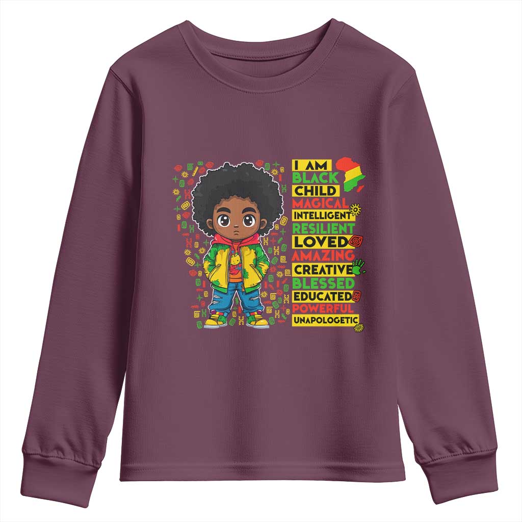 I Am Black Child Youth Sweatshirt Afro Boy African American Pride Black History Month TS02 Maroon Print Your Wear