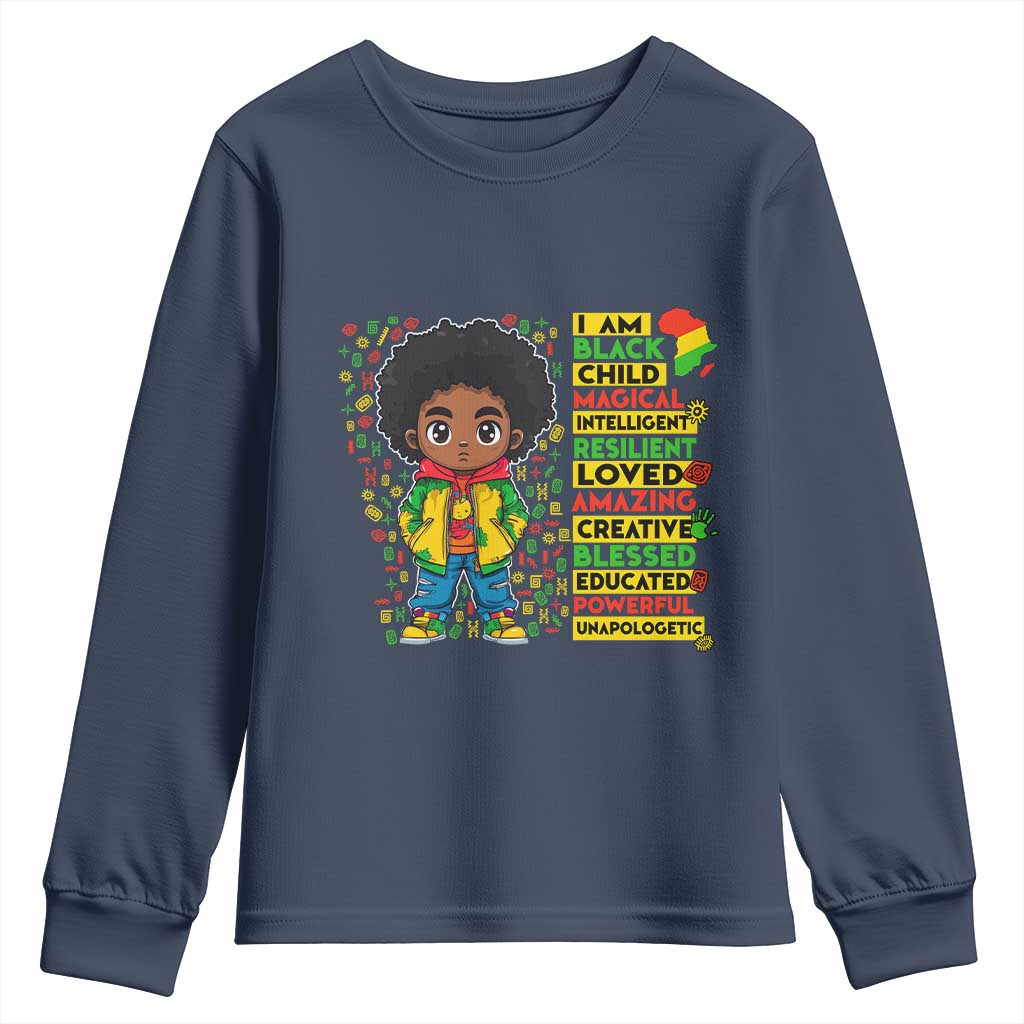 I Am Black Child Youth Sweatshirt Afro Boy African American Pride Black History Month TS02 Navy Print Your Wear