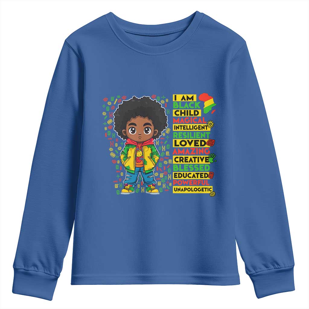 I Am Black Child Youth Sweatshirt Afro Boy African American Pride Black History Month TS02 Royal Blue Print Your Wear
