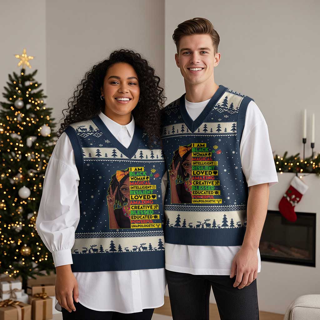 I Am Black Woman V-Neck Knit Sweater Vest Locd African American Pride Black History Month TS02 Navy Beige Print Your Wear