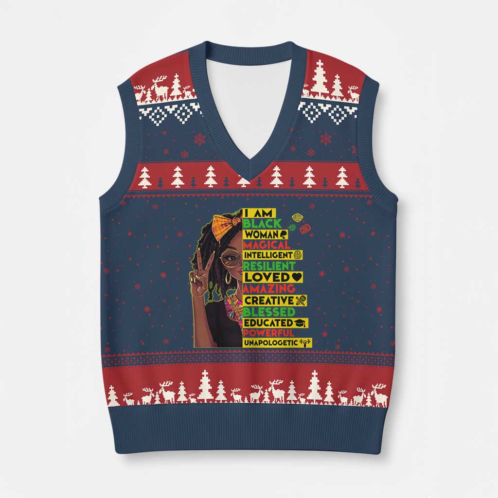 I Am Black Woman V-Neck Knit Sweater Vest Locd African American Pride Black History Month TS02 Navy Red Print Your Wear