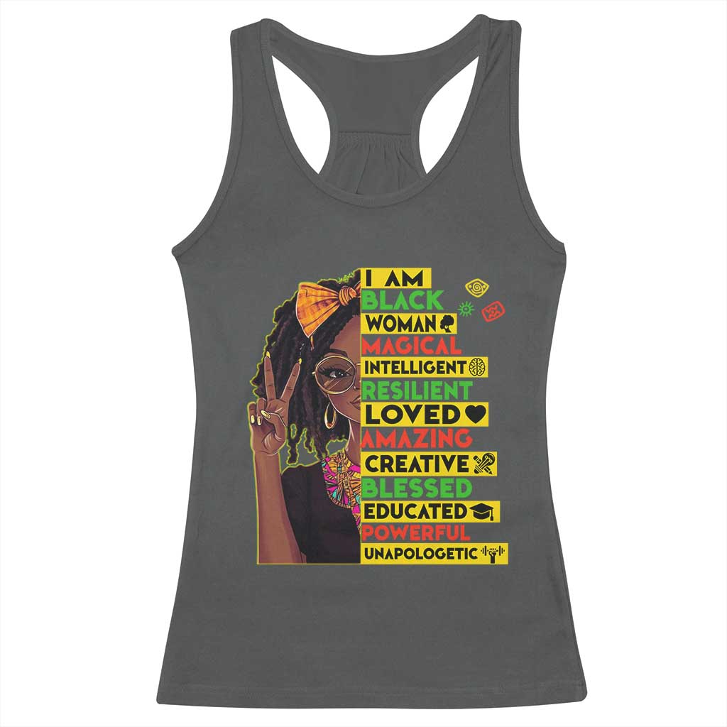 I Am Black Woman Racerback Tank Top Locd African American Pride Black History Month TS02 Dark Heather Print Your Wear