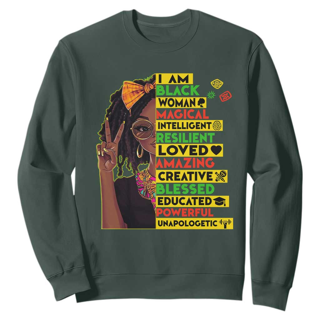 I Am Black Woman Sweatshirt Locd African American Pride Black History Month TS02 Dark Forest Green Print Your Wear