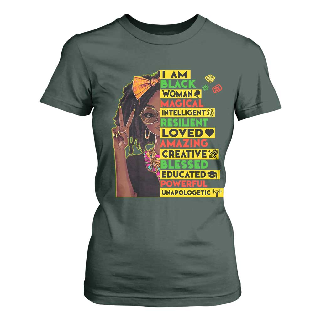 I Am Black Woman T Shirt For Women Locd African American Pride Black History Month TS02 Dark Forest Green Print Your Wear