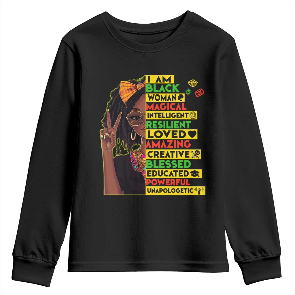 I Am Black Woman Youth Sweatshirt Locd African American Pride Black History Month TS02 Black Print Your Wear