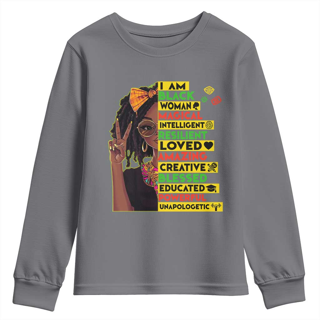 I Am Black Woman Youth Sweatshirt Locd African American Pride Black History Month TS02 Charcoal Print Your Wear