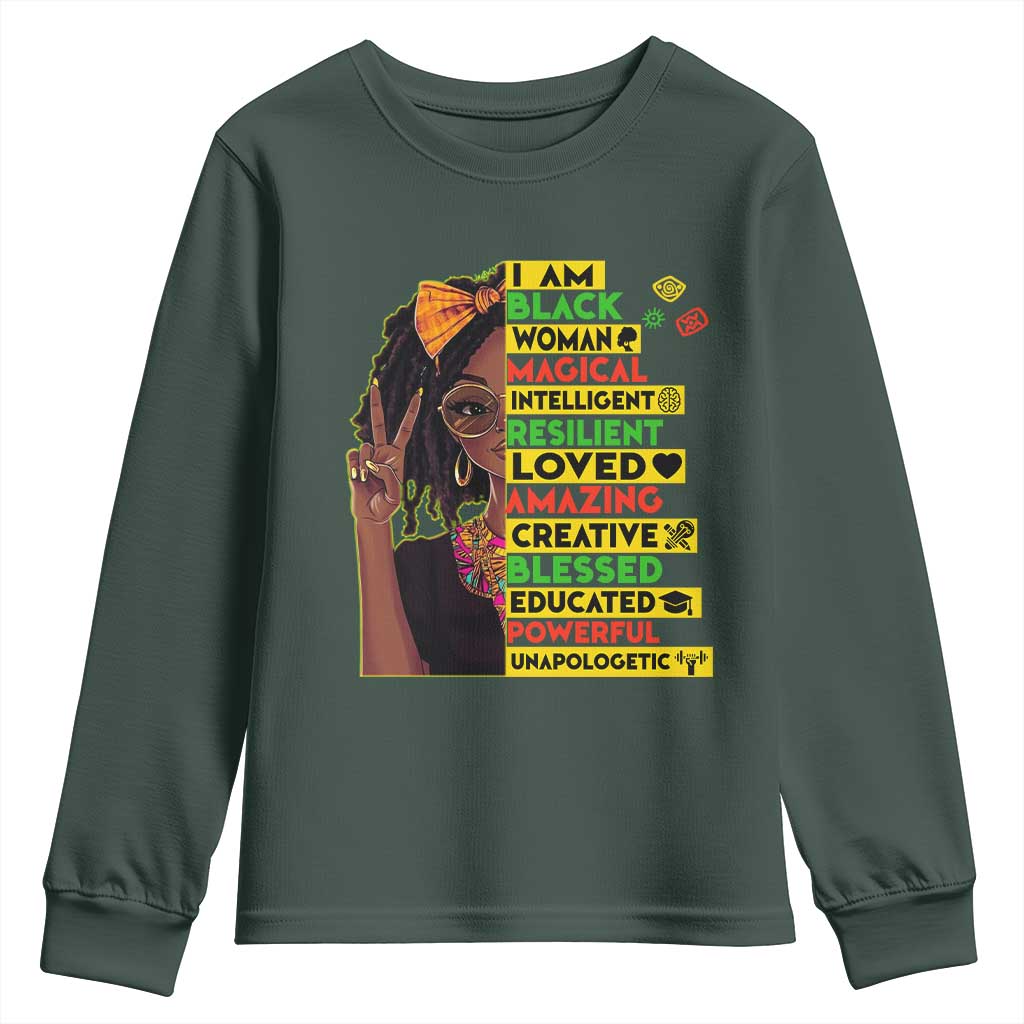 I Am Black Woman Youth Sweatshirt Locd African American Pride Black History Month TS02 Dark Forest Green Print Your Wear