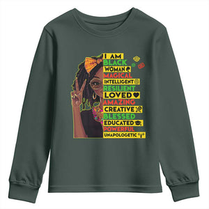 I Am Black Woman Youth Sweatshirt Locd African American Pride Black History Month TS02 Dark Forest Green Print Your Wear