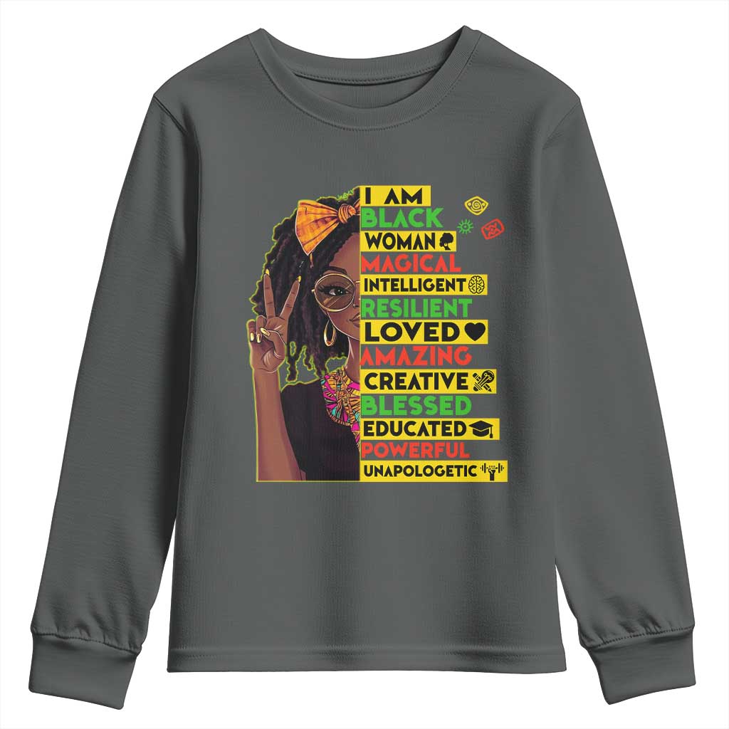 I Am Black Woman Youth Sweatshirt Locd African American Pride Black History Month TS02 Dark Heather Print Your Wear