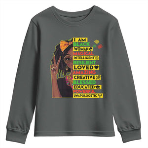I Am Black Woman Youth Sweatshirt Locd African American Pride Black History Month TS02 Dark Heather Print Your Wear